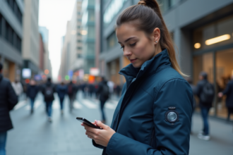 Jeune femme en veste intelligente bleue en ville