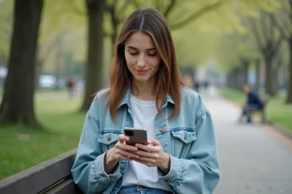 Jeune femme assise dans un parc urbain en train de regarder son smartphone