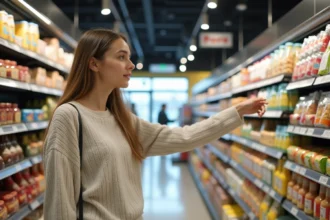 Jeune femme en supermarché regardant des produits colorés