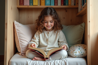 Jeune fille lisant dans une niche en bois dans sa chambre