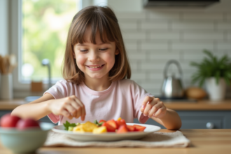 Jeune fille souriante prépare son petit déjeuner avec des fruits frais