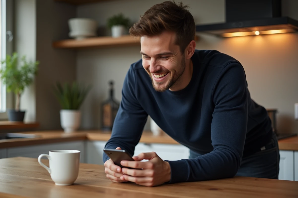 Jeune homme souriant utilisant une application de rencontre à la maison
