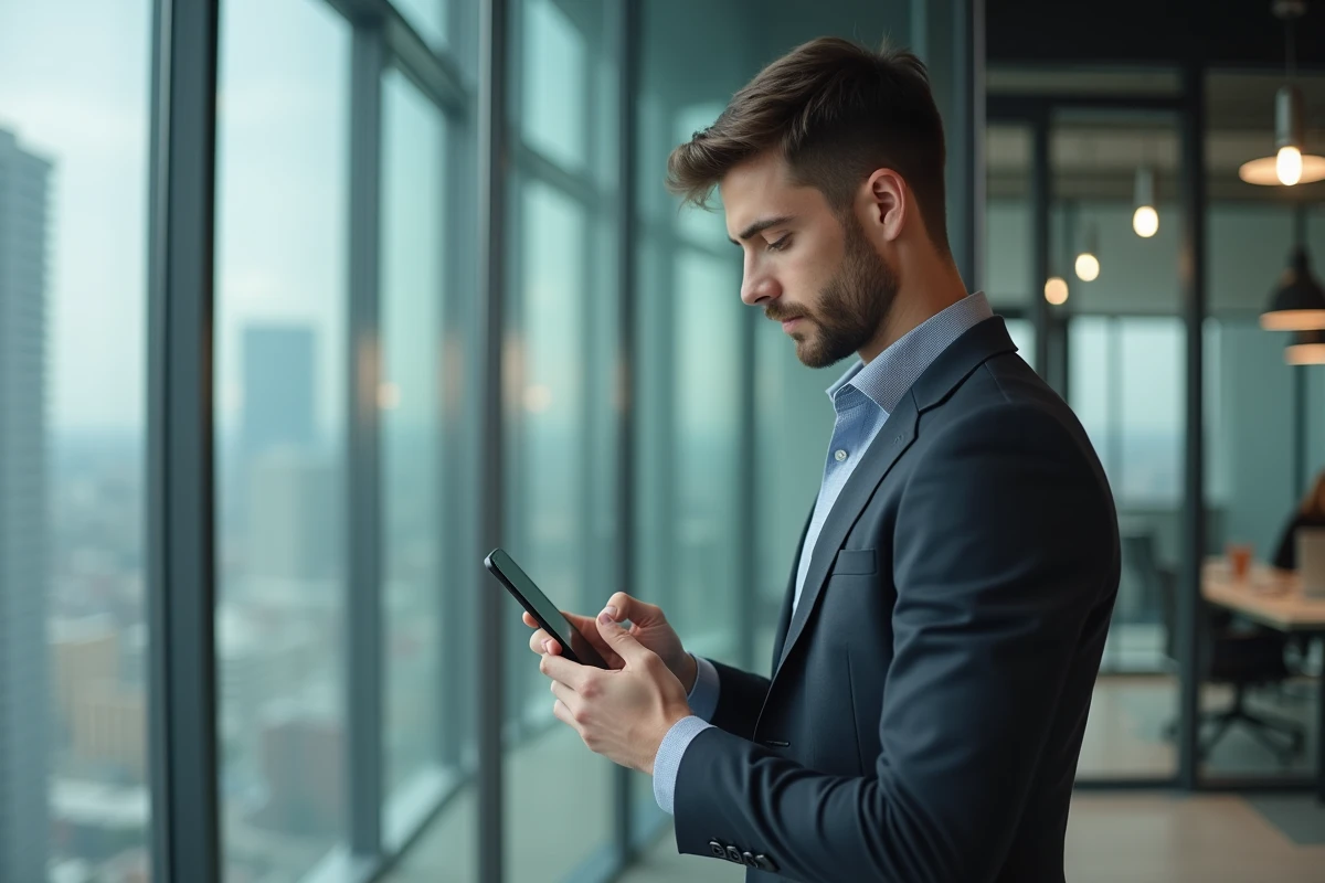 Jeune homme en tenue professionnelle bloquant un numéro sur son téléphone