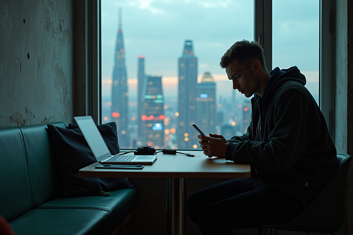 Jeune homme pensif dans un appartement urbain futuriste