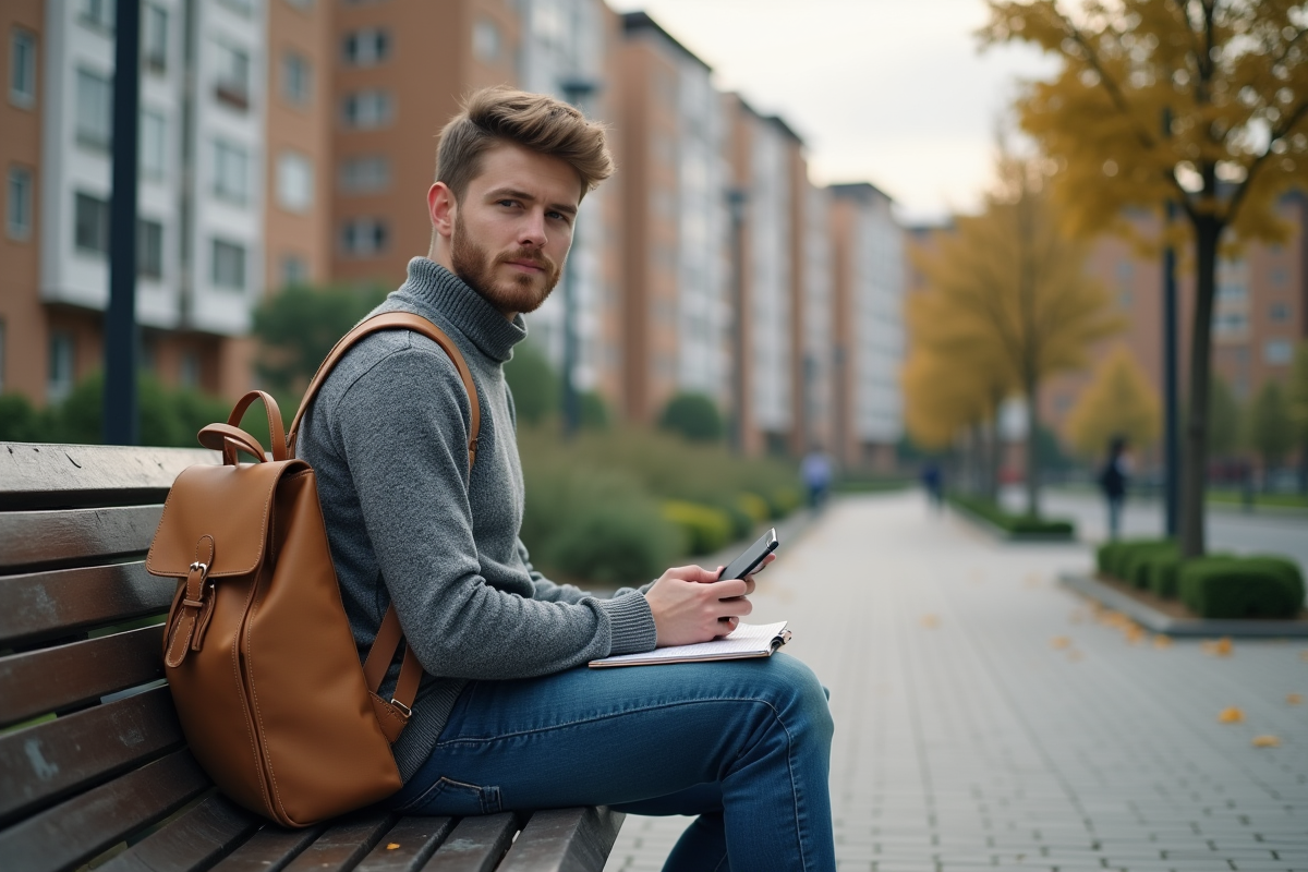Jeune homme assis sur un banc de parc avec carnet et smartphone