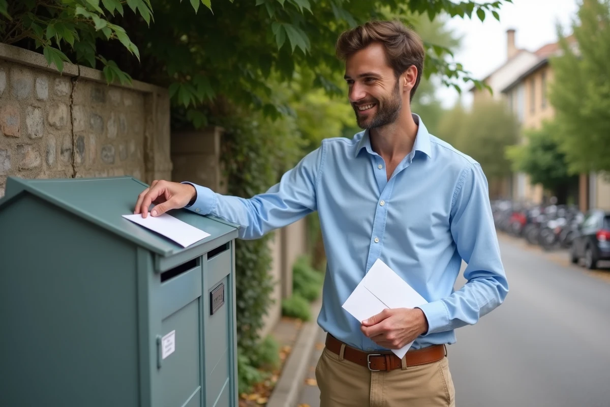 Jeune homme dépose une lettre dans une boîte aux lettres