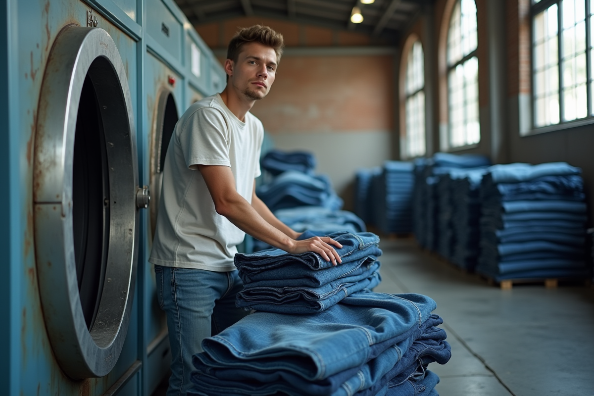 Jeune homme chargeant du denim dans une machine de recyclage