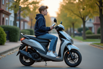 Jeune garçon en jeans et veste regardant l'horizon avec un scooter