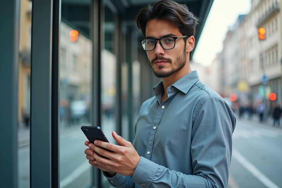 Jeune homme utilisant son smartphone à un arrêt de tram urbain
