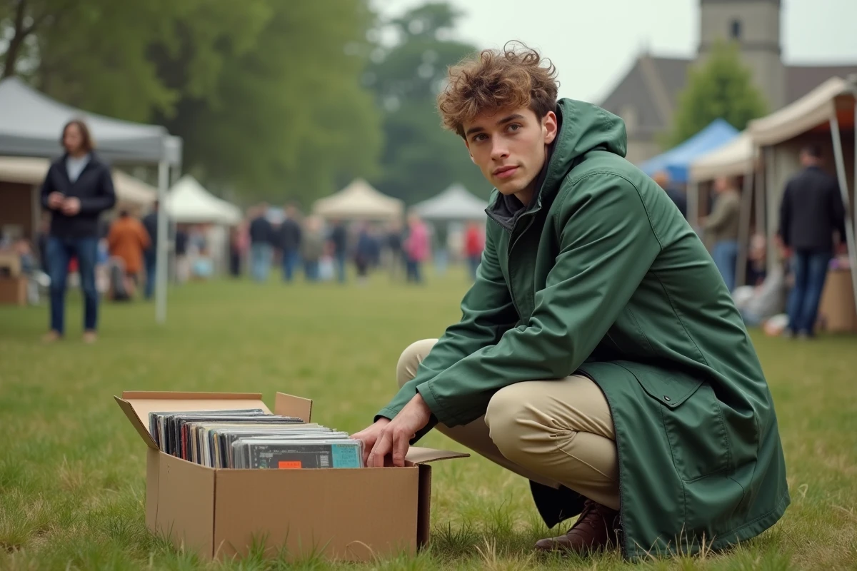 Jeune homme cherchant des vinyles dans un vide grenier rural