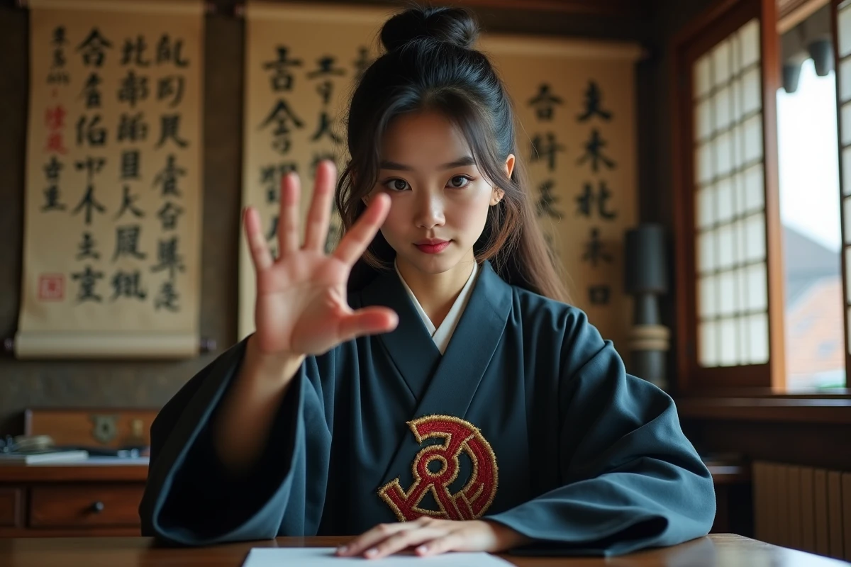 Jeune femme ninja en costume traditionnel réalisant un signe