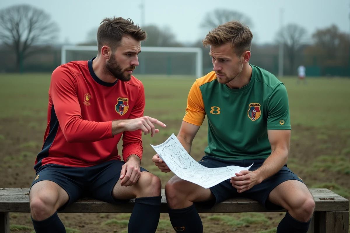 Deux joueurs de football amateurs discutant d'une feuille tactique assis sur un banc de touche en bord de terrain