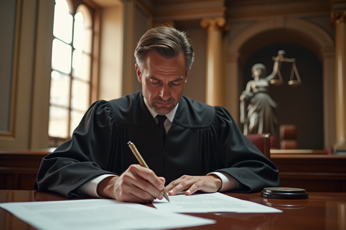 Juge examinant des documents juridiques dans une salle d