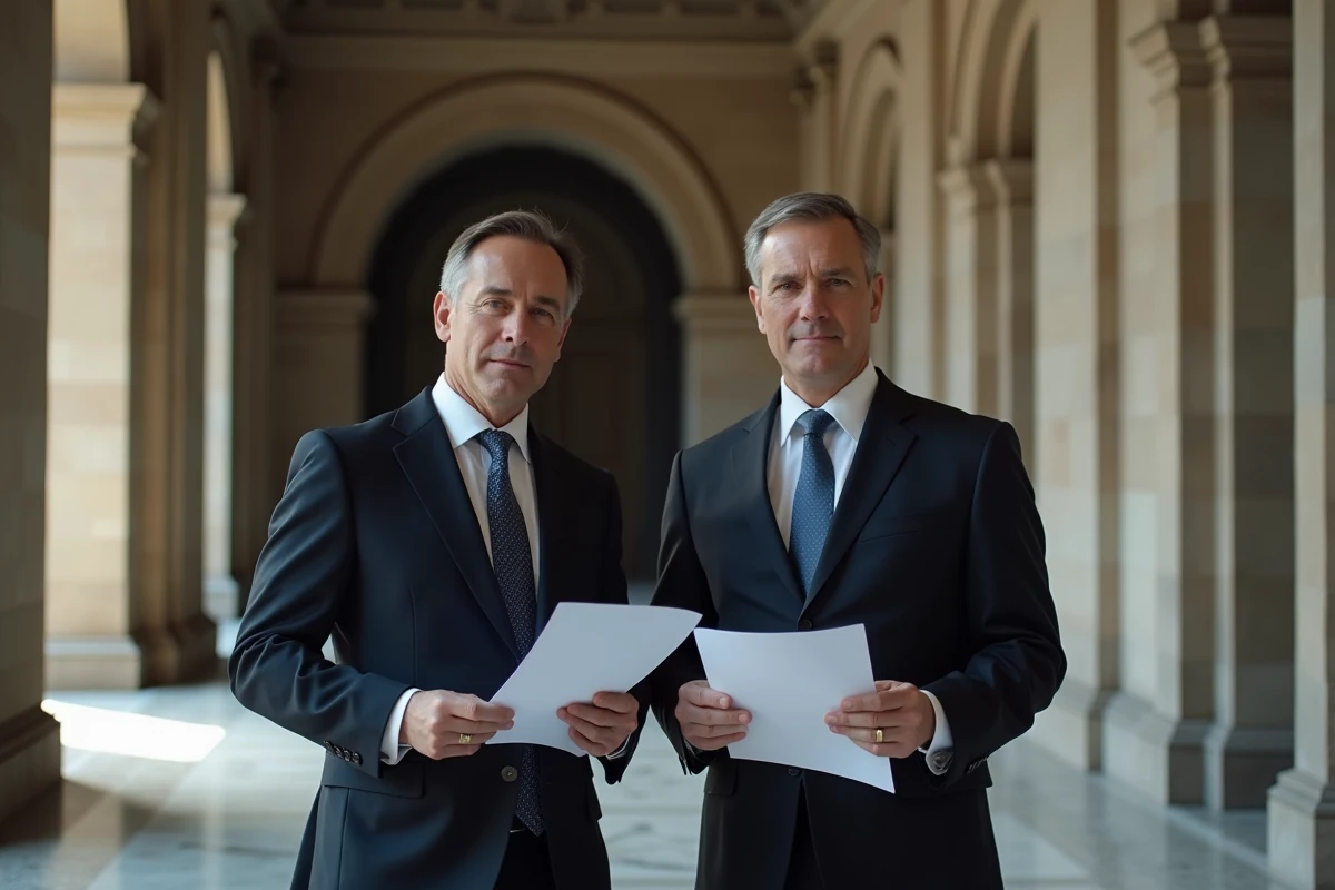 Deux juristes discutant d'un arrêt de droit civil dans le couloir d'un palais de justice français