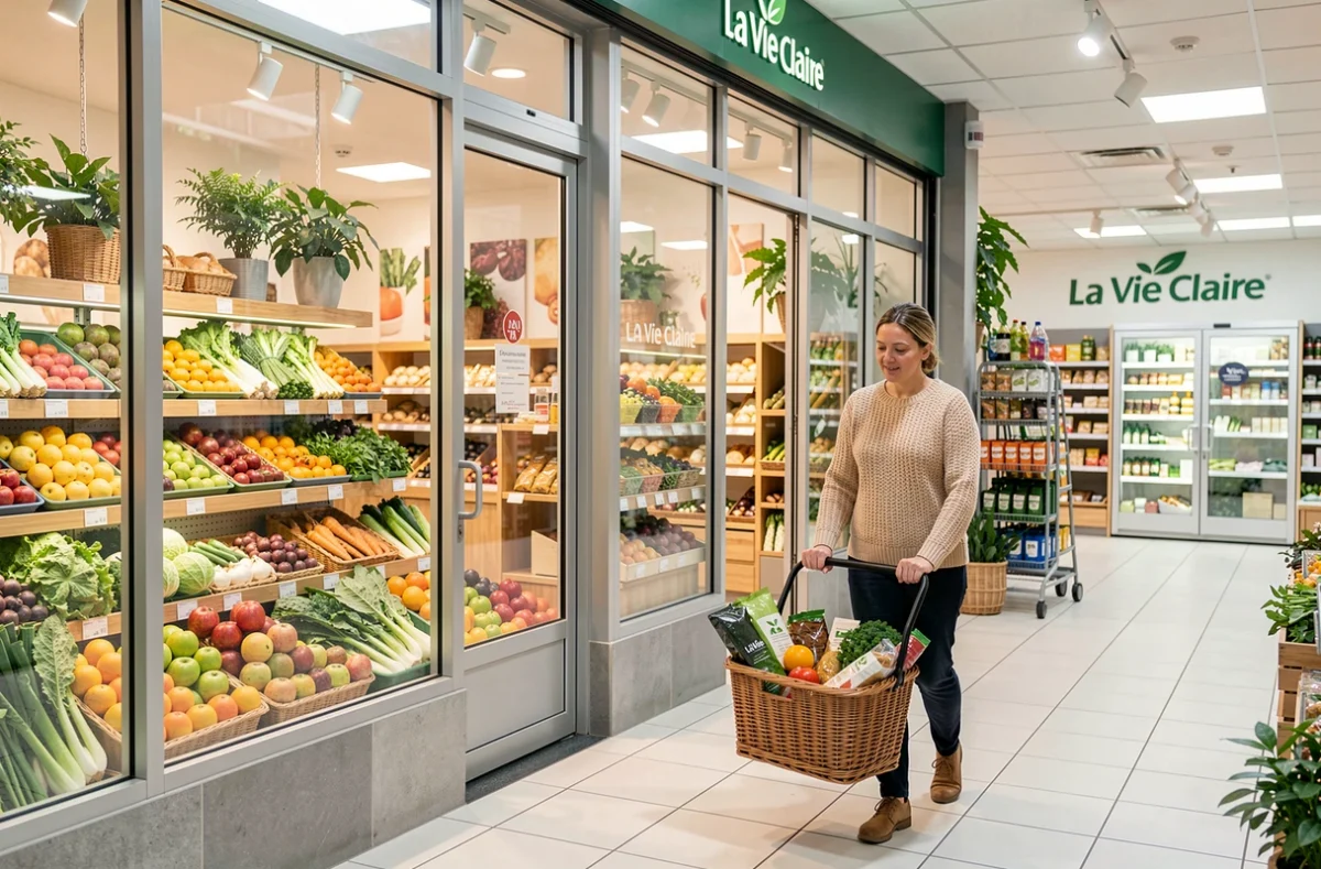Rayon fruits et légumes bio de La Vie Claire à Brest avec une cliente faisant ses courses dans une allée propre et lumineuse