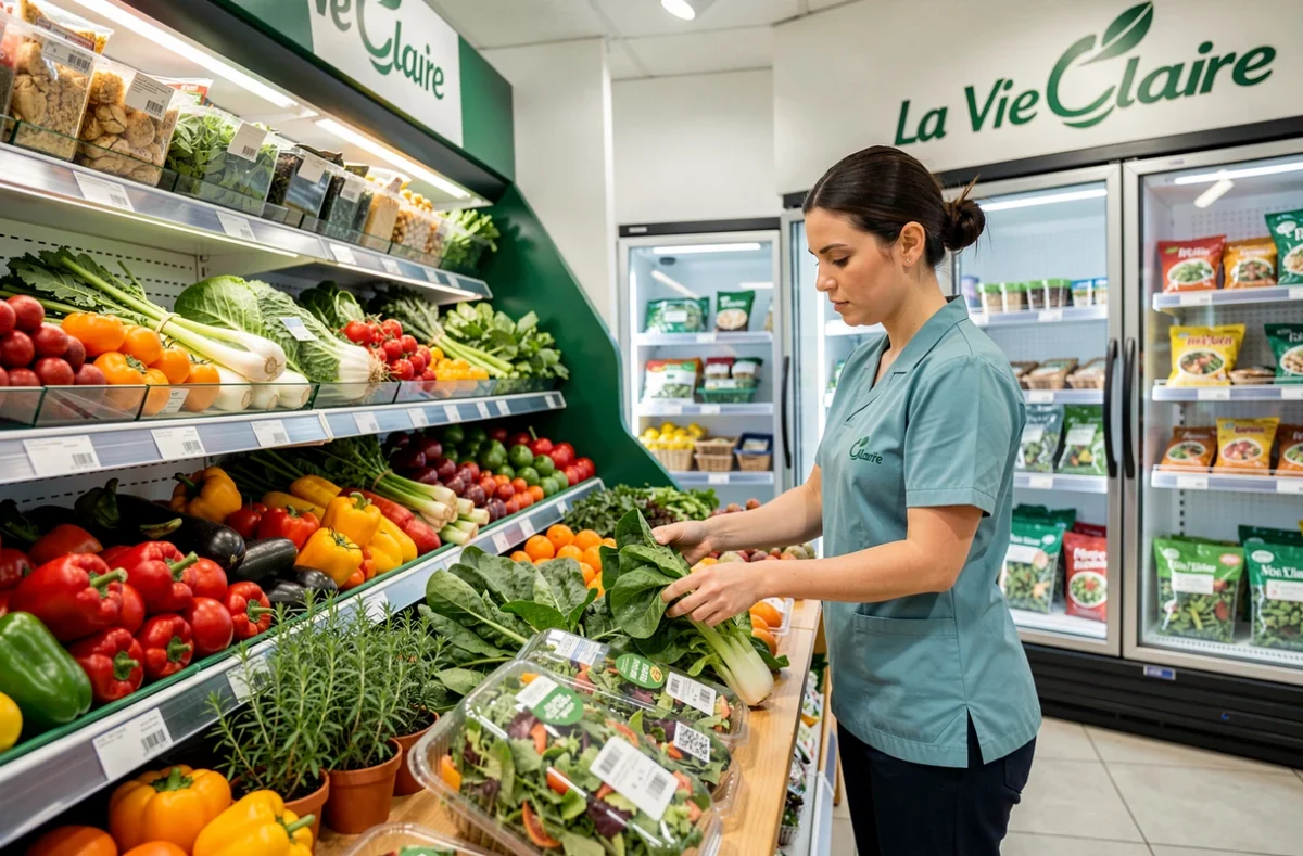 Rayon fruits et légumes de La Vie Claire à Lorient avec une employée organisant des produits frais bio dans un espace épuré