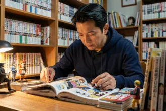 Lecteur de manga japonais feuilletant un tome de One Piece dans une bibliothèque d'otaku