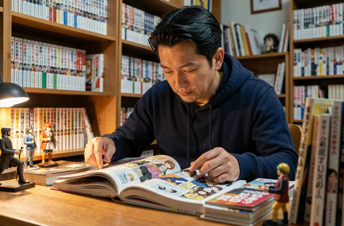 Lecteur de manga japonais feuilletant un tome de One Piece dans une bibliothèque d'otaku