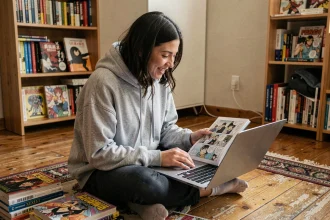 Jeune femme passionnée lisant des scans manga en français sur son ordinateur portable dans sa chambre