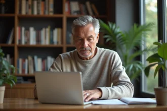 Personne lisant des histoires en ligne sur un ordinateur portable dans un bureau à domicile confortable