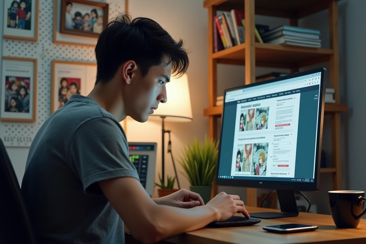 Jeune homme parcourant un site de lecture de manga sur ordinateur portable dans un bureau à domicile décoré d'affiches anime