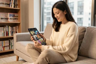 Jeune femme lisant un manhwa coréen sur une tablette numérique dans un salon cosy et moderne