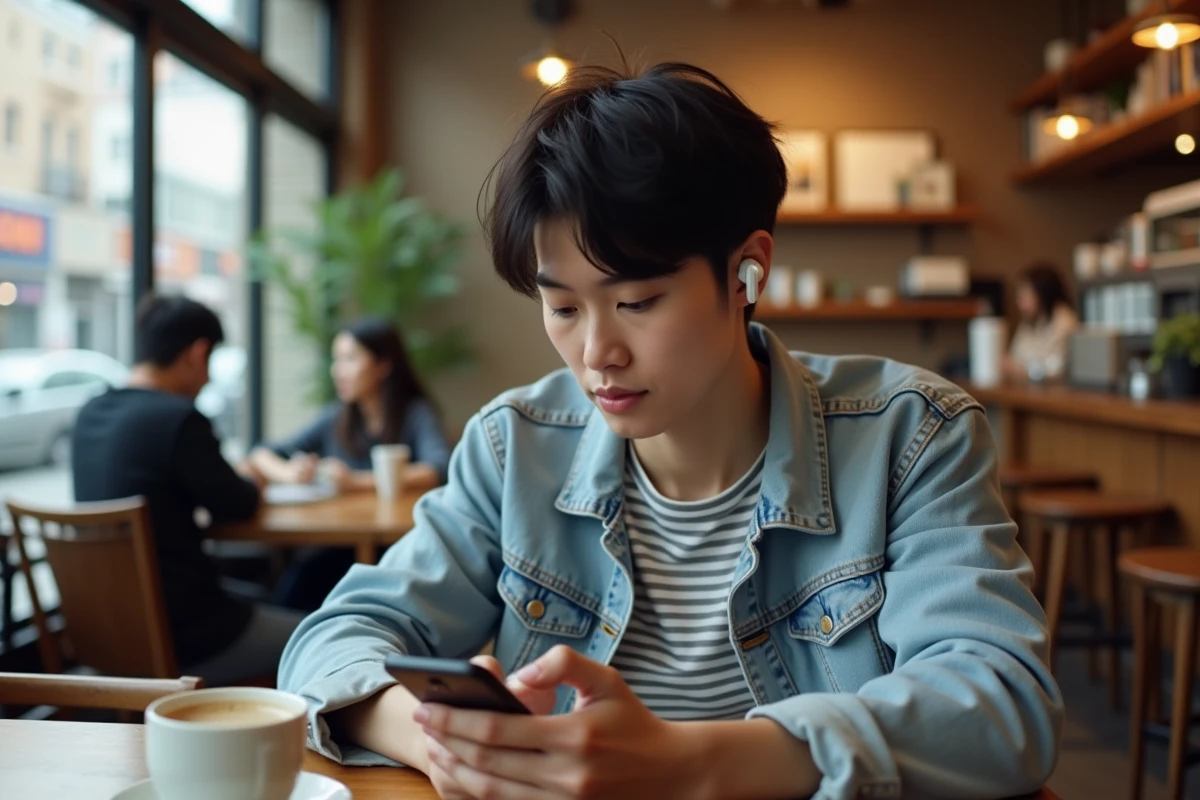 Personne lisant des scans manga sur smartphone dans un café urbain avec une tasse de cappuccino sur la table