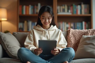 Jeune femme lisant des scans manga sur une tablette dans un salon cosy avec des étagères remplies de mangas