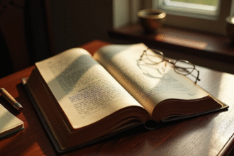 Livre de droit vintage ouvert sur un bureau en bois avec notes et lunettes