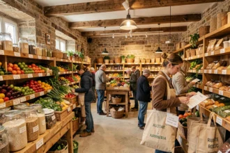 Vue intérieure d'un magasin bio breton avec des étalages colorés de produits locaux et des clients en train de faire leurs courses