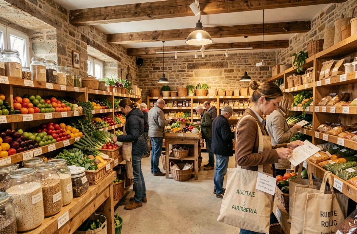 Vue intérieure d'un magasin bio breton avec des étalages colorés de produits locaux et des clients en train de faire leurs courses