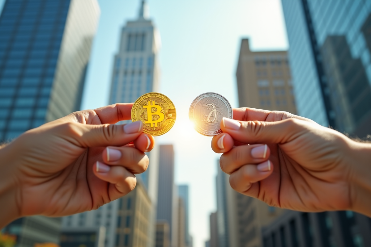 Mains tenant des pièces de Bitcoin et Dogecoin en extérieur