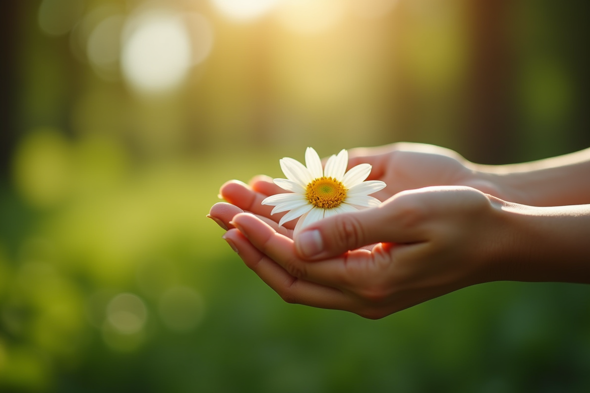 Mains tenant une fleur Ushaped dans la nature verte