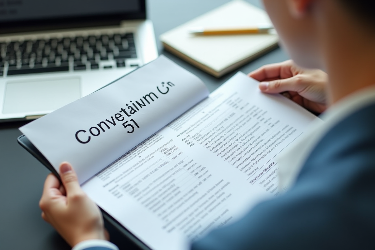 Mains tenant un dossier avec documents de la convention 51