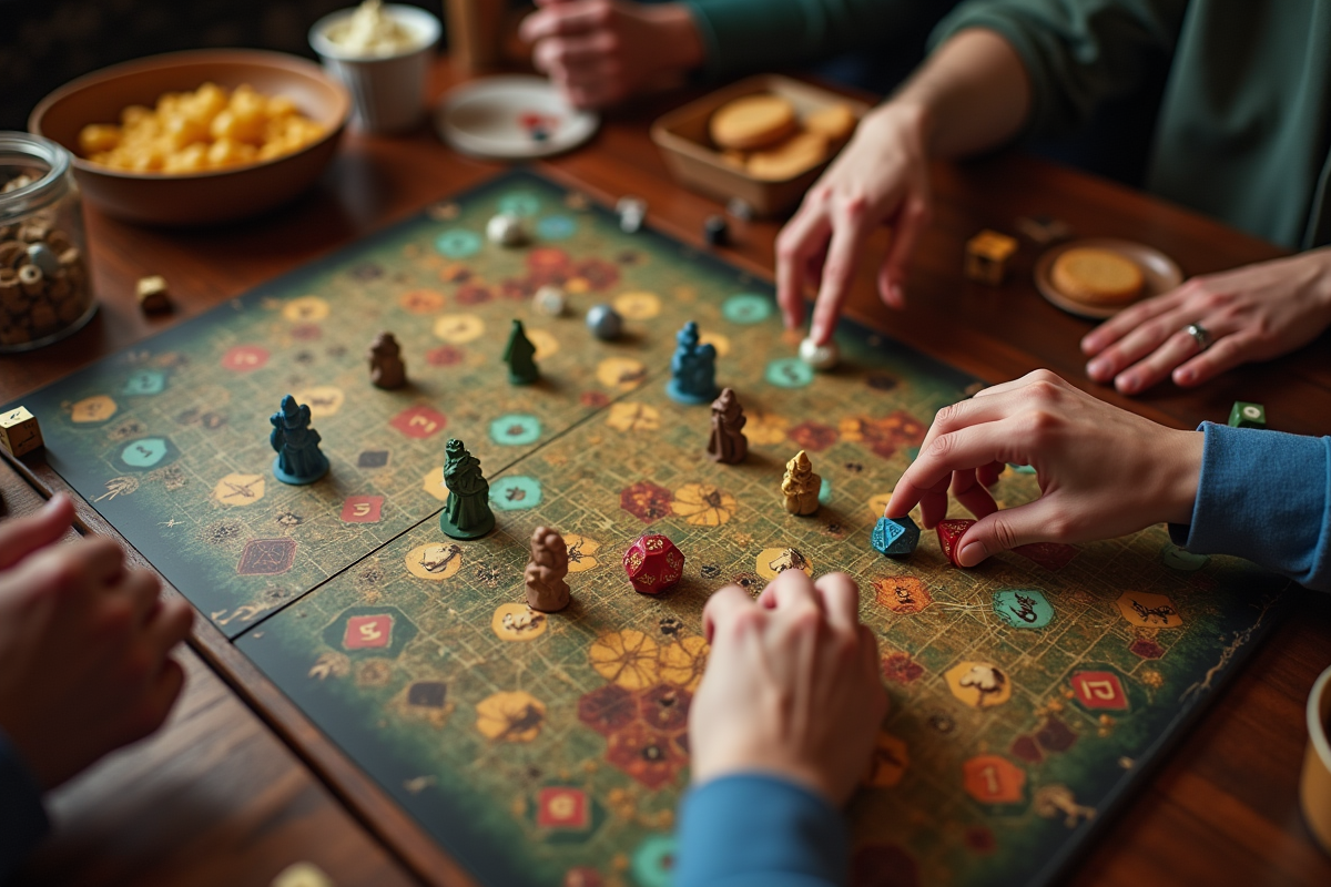 Mains manipulant des dés et des pièces de jeu sur un plateau fantasy