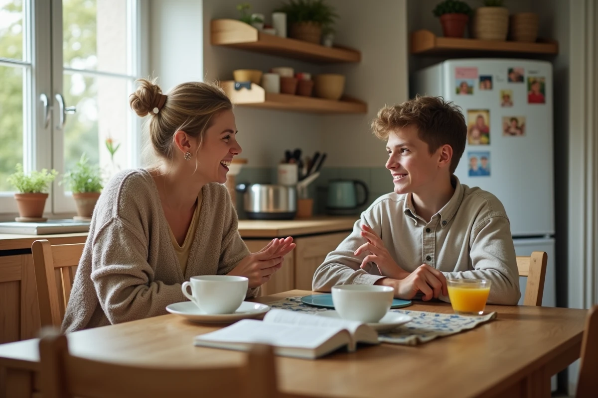 Maman et adolescent discutant a la cuisine en famille