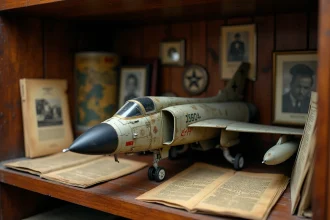 Maquette rare de l'avion Phantom F-4 exposée sur une étagère de collection avec documents et insignes militaires anciens