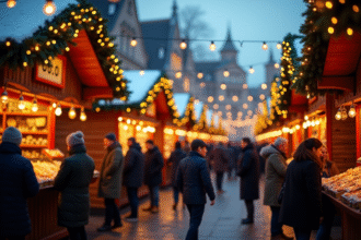 Marché de Noël européen animé au crépuscule avec stands en bois et décorations