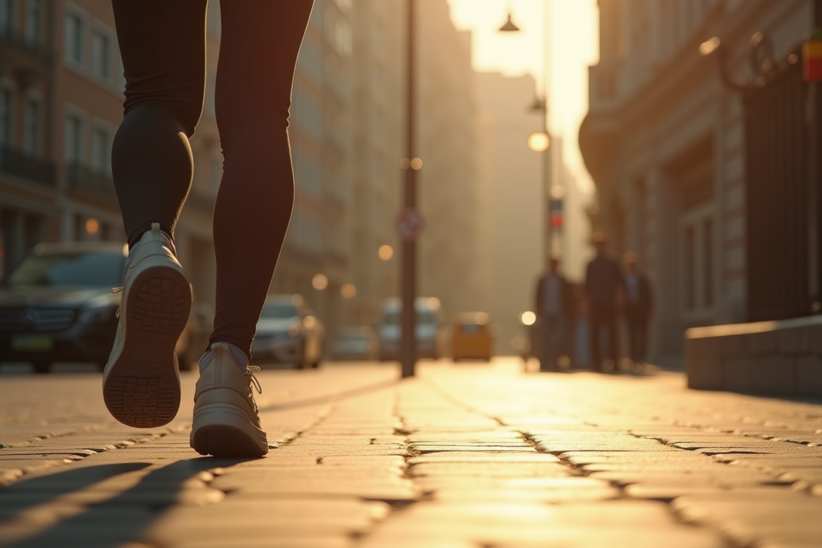 Personne marchant rapidement dans la ville au matin