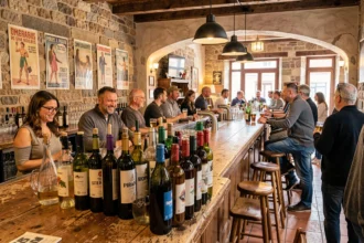 Vue panoramique d'un bar animé en Nouvelle-Aquitaine avec comptoir en bois, bouteilles et clientèle locale
