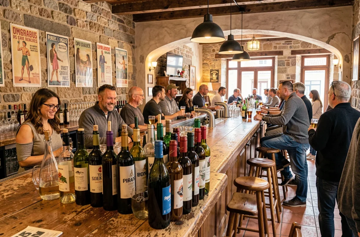 Vue panoramique d'un bar animé en Nouvelle-Aquitaine avec comptoir en bois, bouteilles et clientèle locale
