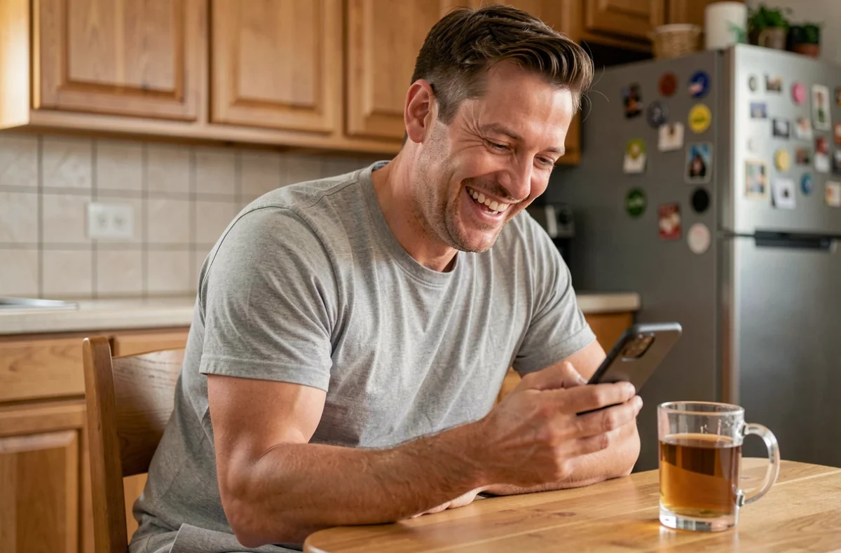 Homme souriant à son téléphone le soir dans une cuisine avec une tasse de tisane, recevant un message bonne nuit drôle
