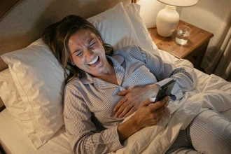 Femme en pyjama qui rit aux éclats dans son lit en lisant un message bonne nuit humoristique sur son smartphone