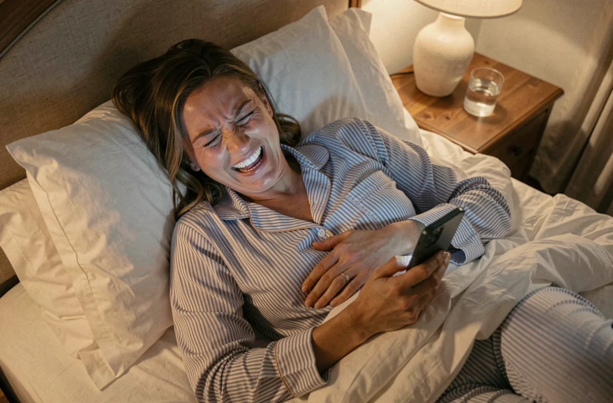 Femme en pyjama qui rit aux éclats dans son lit en lisant un message bonne nuit humoristique sur son smartphone