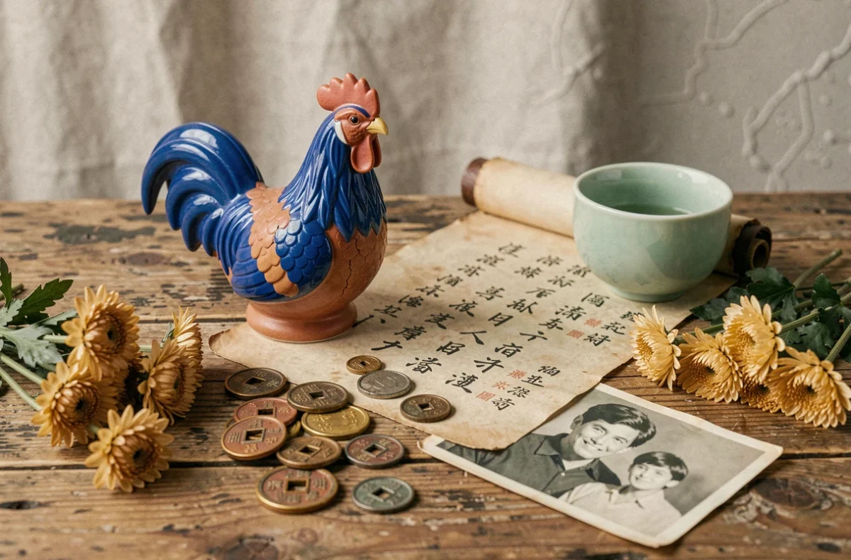 Nature morte avec figurine de coq en céramique, pièces chinoises et parchemin du zodiaque pour l'année 1993