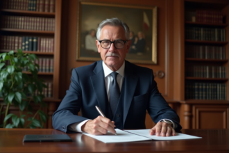 Notaire français en costume dans son bureau sérieux