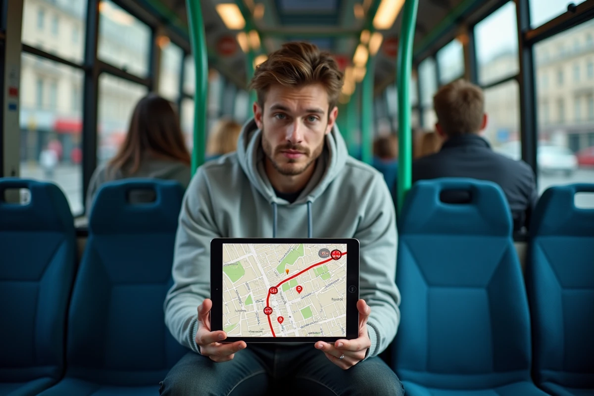 Passager du bus 323 RATP consultant une carte interactive des arrêts sur tablette à l'intérieur du bus