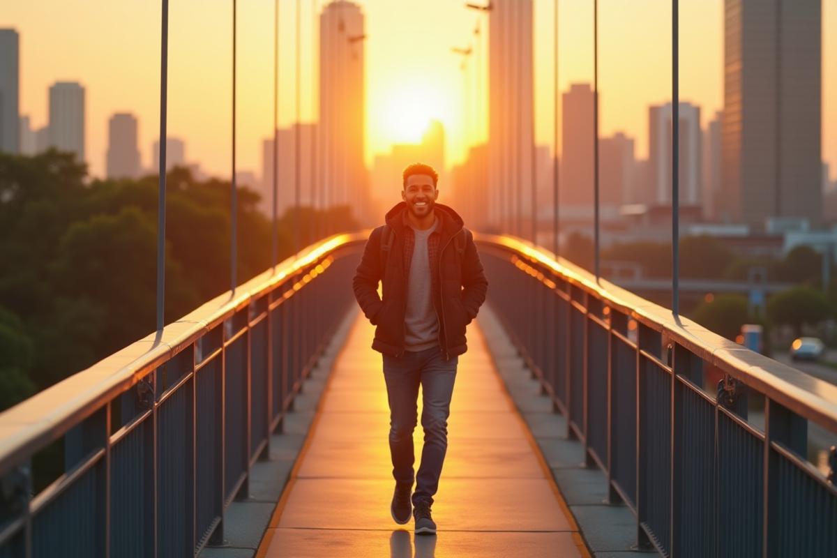 Passant souriant traversant un pont au lever du soleil