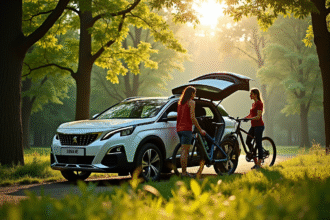 Peugeot 3008 hybride en forêt avec couple et vélos