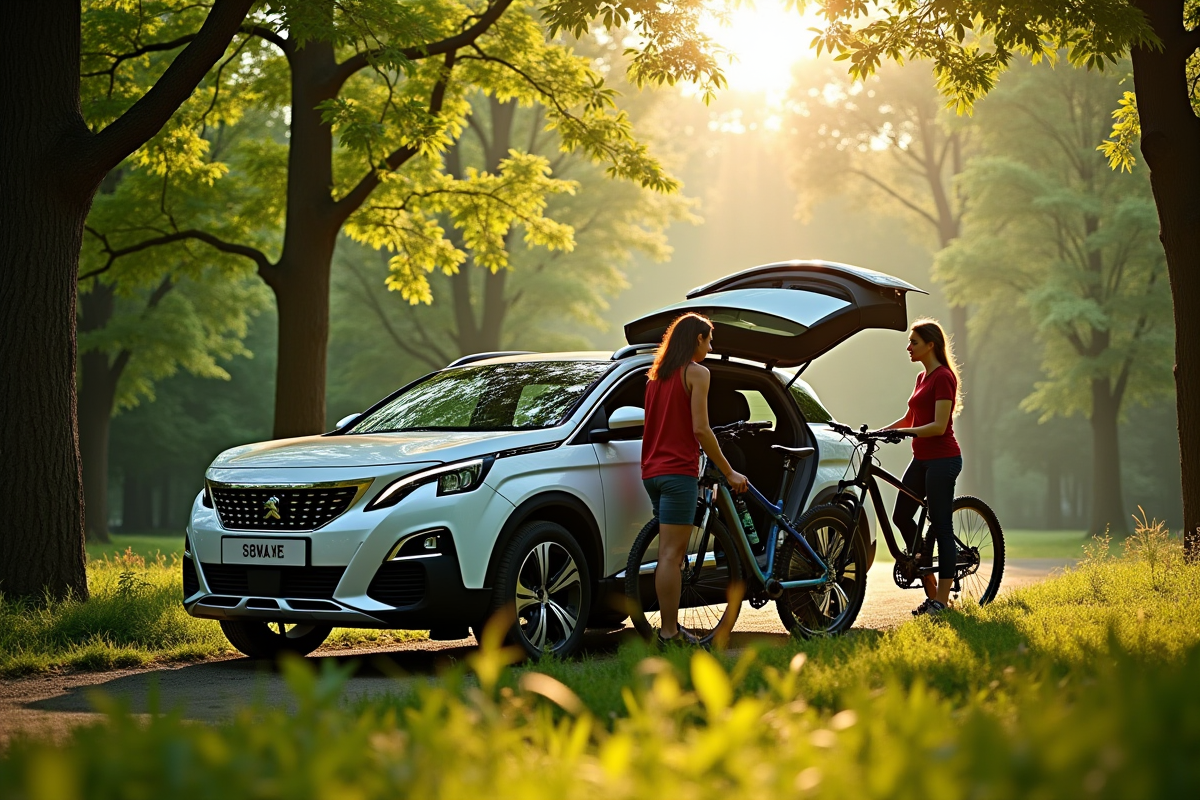 Peugeot 3008 hybride en forêt avec couple et vélos